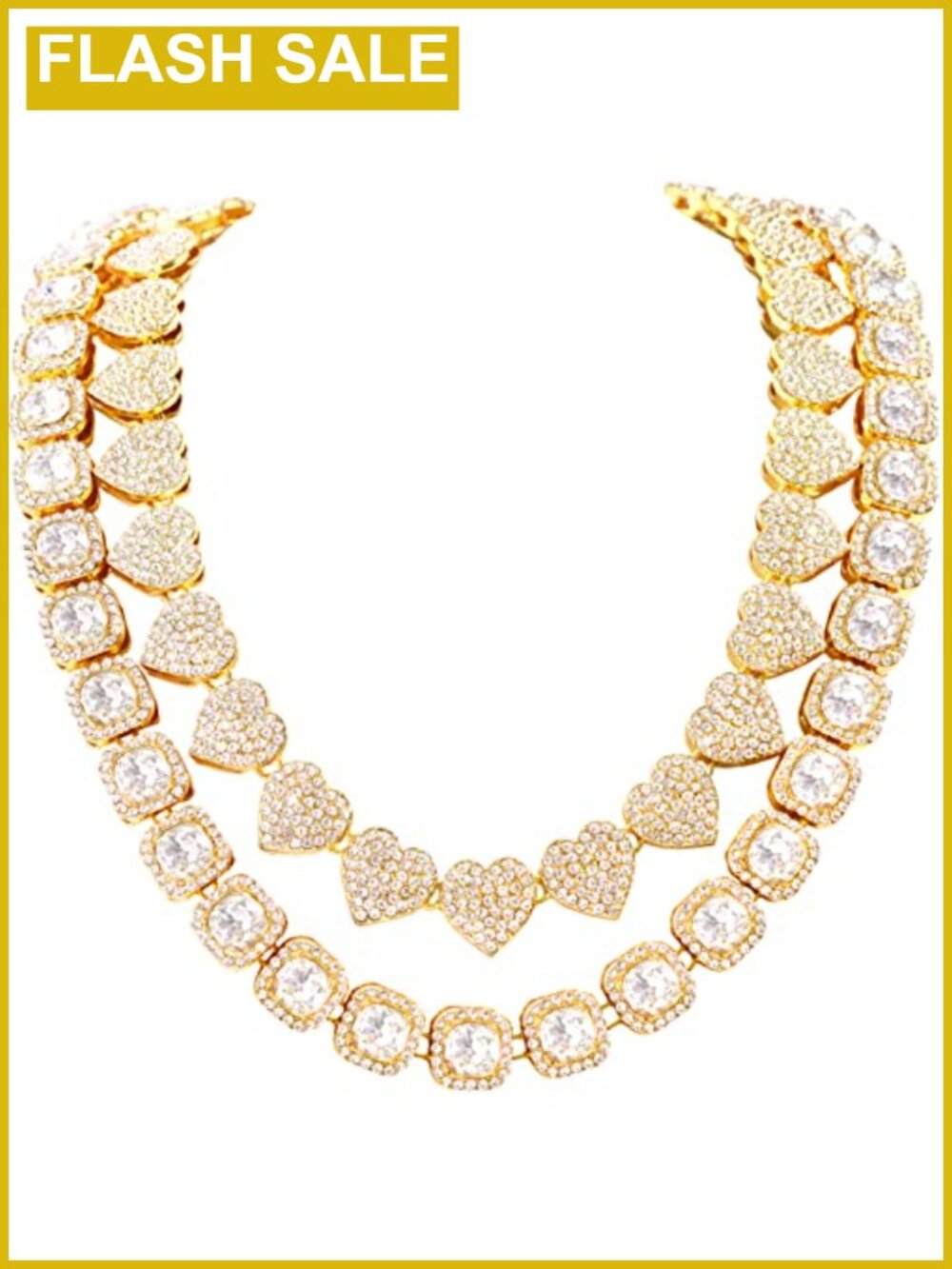 2PCS Tennis Chain Necklace Set 15MM Heart Cuban Link Plated Alloy Rhinestone